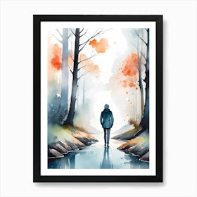 Watercolor Of A Man Walking In The Forest Art Print