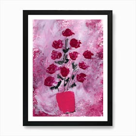 Red Flowers On Red - contemporary modern vertical magenta pink floral living room bedroom Art Print