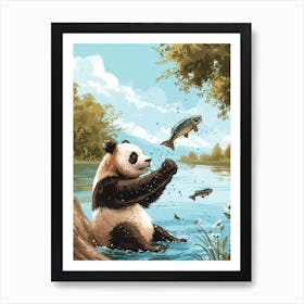 Giant Panda Catching Fish In A Tranquil Lake Storybook Illustration 3 Art Print