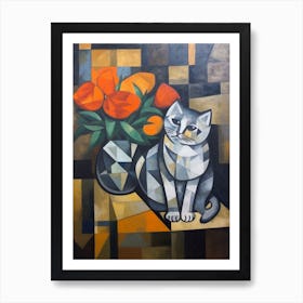 Lisianthus With A Cat 1 Cubism Picasso Style Art Print