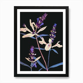 Neon Flowers On Black Lavender 1 Art Print