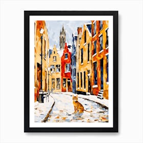Cat In The Streets Of Bruges   Belgium With Snowd 3 Art Print