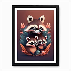 Mother With Baby Raccoons And Leaves Art Print
