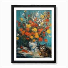 Still Life Of Chrysanthemums With A Cat 1 Art Print