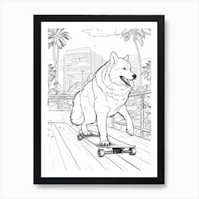 Alaskan Malamute Dog Skateboarding Line Art 2 Art Print