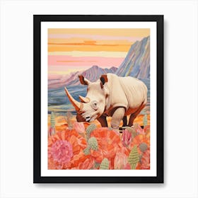 Rhino At Sunrise Collage Style 3 Art Print