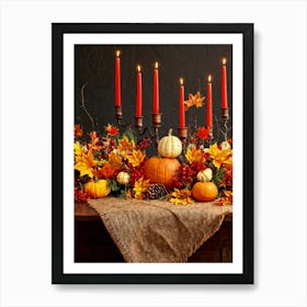 Autumn Harvest Table Centerpiece Overflowing With Gourds And Pumpkins Surrounded By Red And Gold C (5) Art Print