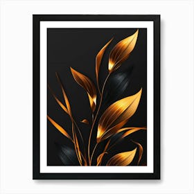 Golden Leaves On Black Background 4 Art Print