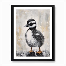 Snow Scene Of Duckling Black & White 2 Art Print