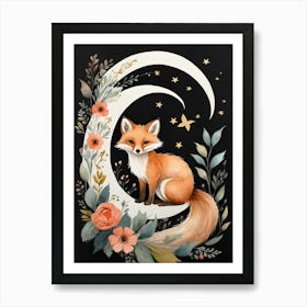 Floral Cute Fox Watercolor Moon Paining (20) Art Print
