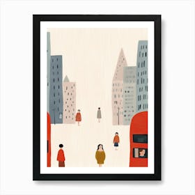 London Red Bus Scene, Tiny People And Illustration 4 Art Print