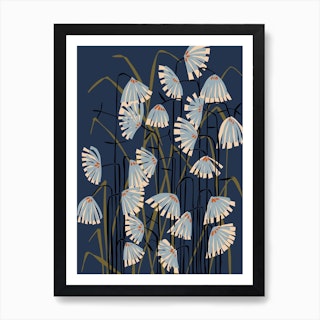 Linocut Flower Meadow Mustard Blue Art Print