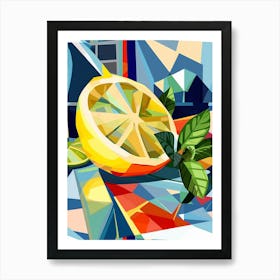 Abstract Lemon Slice And Mint Leaves On Blue Red Background Art Print