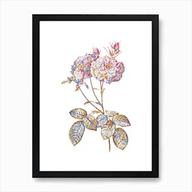Stained Glass Damask Rose Mosaic Botanical Illustration on White Art Print