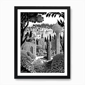 Gardens Of Alhambra, 1, Spain Linocut Black And White Vintage Art Print