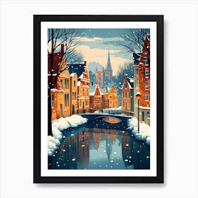 Winter Travel Night Illustration Bruges Belgium 1 Art Print