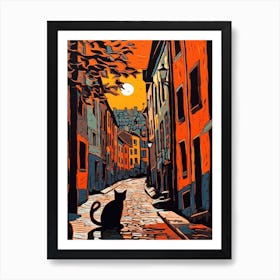 Painting Of Stockholm Sweden With A Cat In The Style Of Line Art 2 Art Print