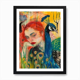Peacock & Red Haired Woman Mixed Media Art Print