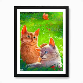 two cats laying on grass Art Print