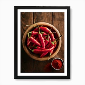 Red Chili Peppers In A Wooden Bowl Art Print