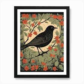 Vintage Bird Linocut Blackbird 1 Art Print