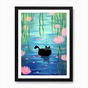 Black Cat In A Pond With Pink Flowers 2 Art Print