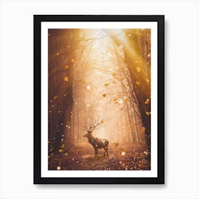 Morning Magic Deer Autumnal Leaves Art Print