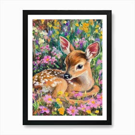 Young Deer In Wild Landscape With Spring Or Summer Colorful Flowers 1 Art Print