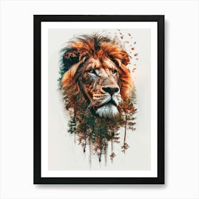 Double Exposure Realistic Lion With Jungle 12 Art Print