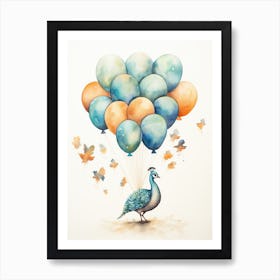 Peacock Flying With Autumn Fall Pumpkins And Balloons Watercolour Nursery 1 Art Print