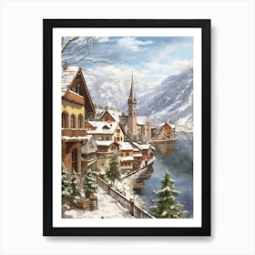 Vintage Winter Illustration Hallstatt Austria 1 Art Print