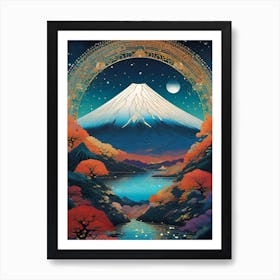 Mt Fuji Japan - Mount Fuji Trippy Abstract Cityscape Iconic Wall Decor Visionary Psychedelic Fractals Fantasy Art Cool Full Moon Third Eye Space Sci-fi Awesome Futuristic Ancient Paintings For Your Home Gift For Him Art Print