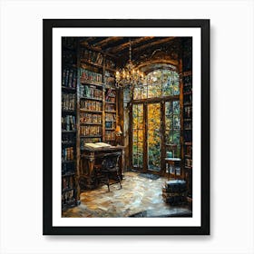 Cozy Vintage Library With Wooden Bookshelves And Autumn View – Tranquil Reading Nook Art Print Art Print