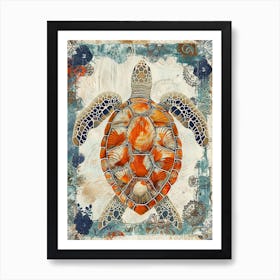 Sea Turtle Wallpaper Style Blue & Beige 1 Art Print