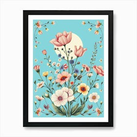 Flowers On A Blue Background Art Print