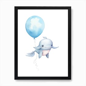 Baby Whale Flying With Ballons, Watercolour Nursery Art 4 Art Print