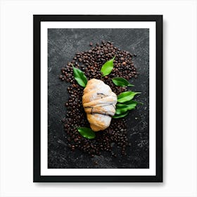Coffee & croissant — Food kitchen poster/blackboard, photo art Art Print