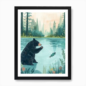 American Black Bear Catching Fish In A Tranquil Lake Storybook Illustration 3 Art Print