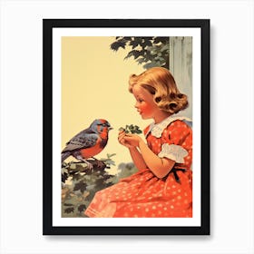 Vintage Retro Kids With Bird Illustration Kitsch 1 Art Print