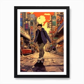 Skateboarding In Tokyo, Japan Comic Style 2 Art Print