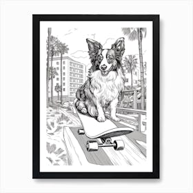 Papillon Dog Skateboarding Line Art 4 Art Print