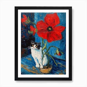 Still Life Of Anemone With A Cat 2 Art Print