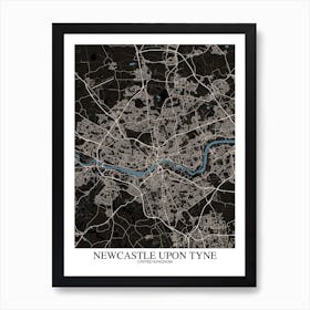 Newcastle Upon Tyne Black Blue Map Art Print