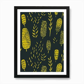 Yellow Leaves On Black Background Art Print