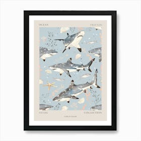 Pastel Blue Goblin Shark Watercolour Seascape Pattern 2 Poster Art Print