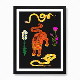 Tiger And Snakes Flowers Art Print