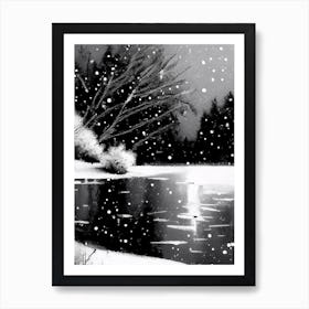 Snowflakes Falling By A Lake, Snowflakes, Black & White 2 Art Print