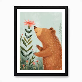 Sloth Bear Sniffing A Flower Storybook Illustration 4 Art Print