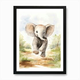 Elephant Painting Running Watercolour 1 Art Print