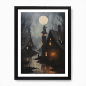 Vintage Gothic Spooky Village Oil Painting Art Print